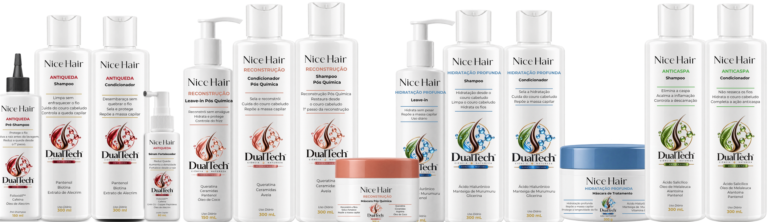 Linha completa NiceHair — AntiQueda, Reconstrução Pós Química, Hidratação Profunda e AntiCaspa