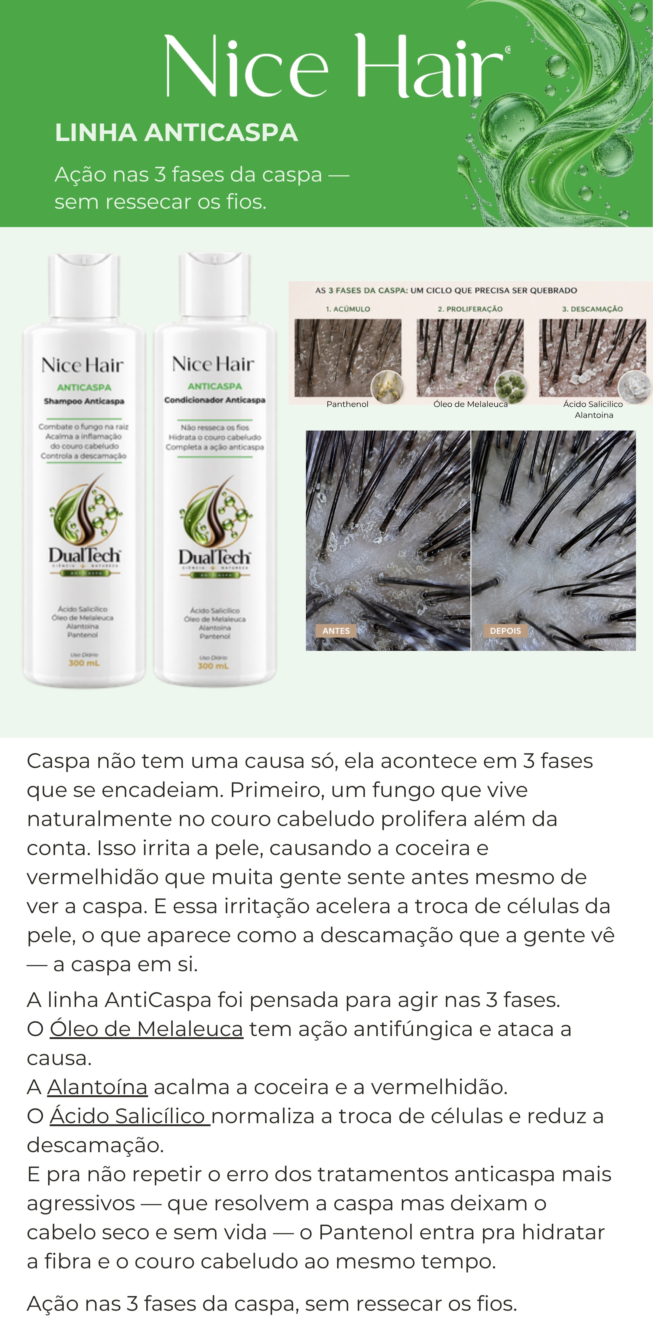 Linha AntiCaspa — ação nas 3 fases da caspa (acúmulo, proliferação, descamação) sem ressecar os fios, com Óleo de Melaleuca, Alantoína, Ácido Salicílico e Pantenol. Kit shampoo e condicionador, com comparação antes/depois do couro cabeludo.